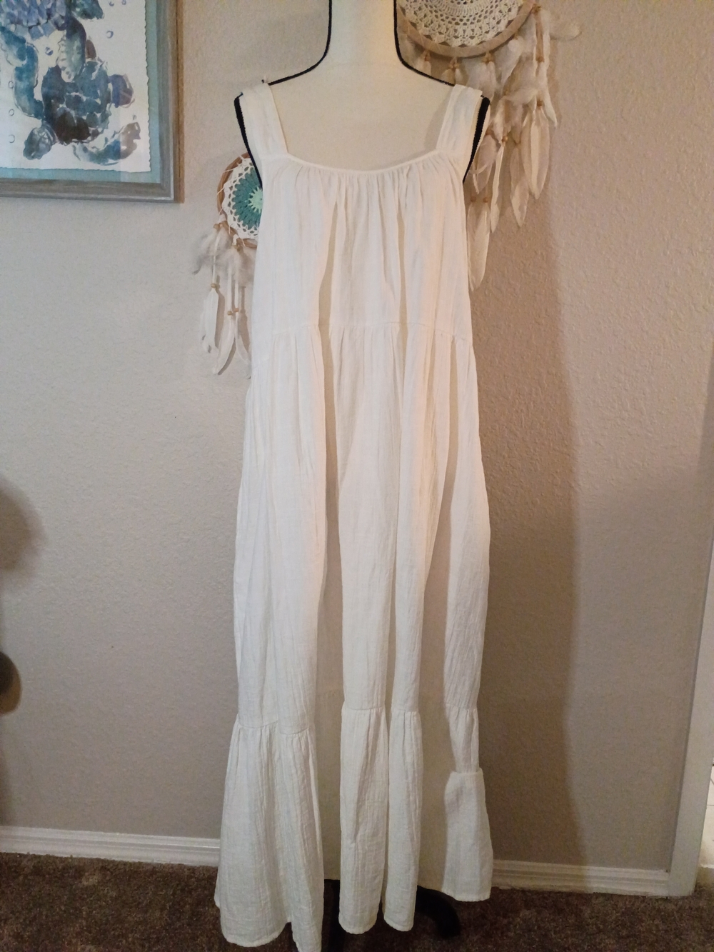 Women's White Tiered Maxi Dress with Wide Straps